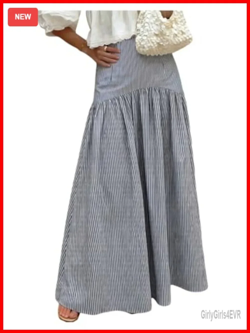 Striped High Waist Ruffle Hem Flowy A-Line Maxi Skirt